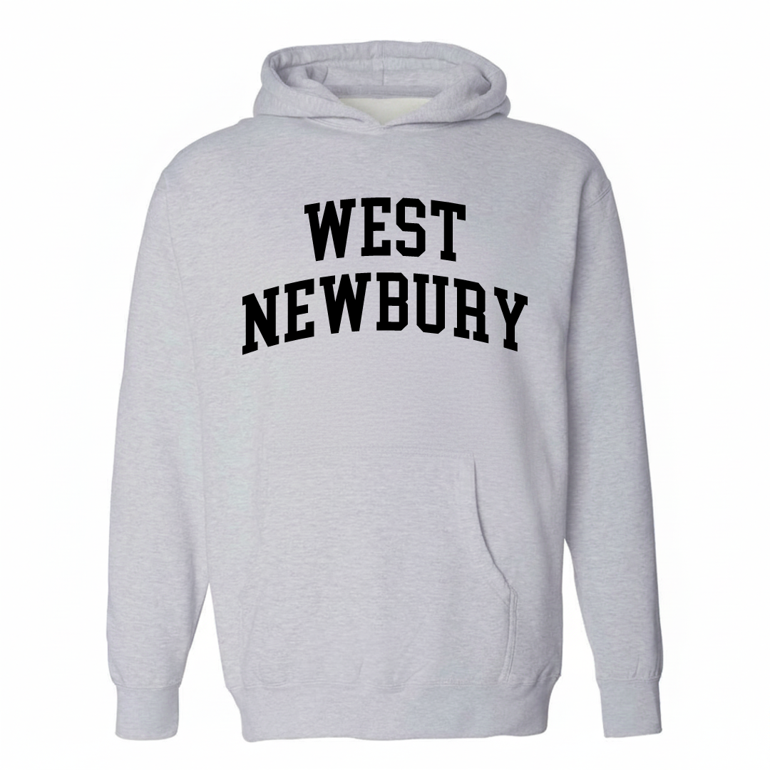 Heather-gray hoodie with the West Newbury varsity arched lettering design on the chest.