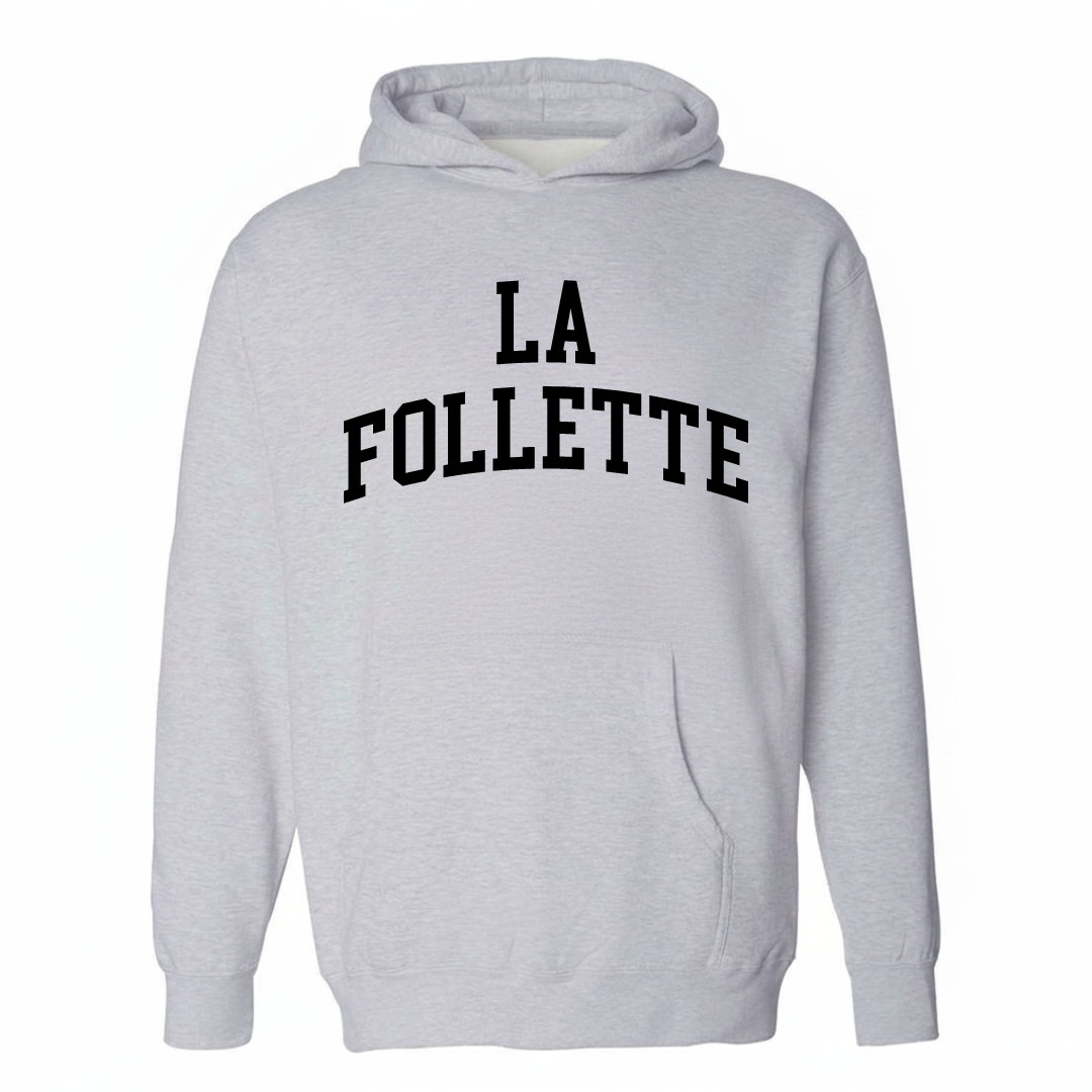 Heather-gray hoodie with the La Follette varsity arched lettering design on the chest.