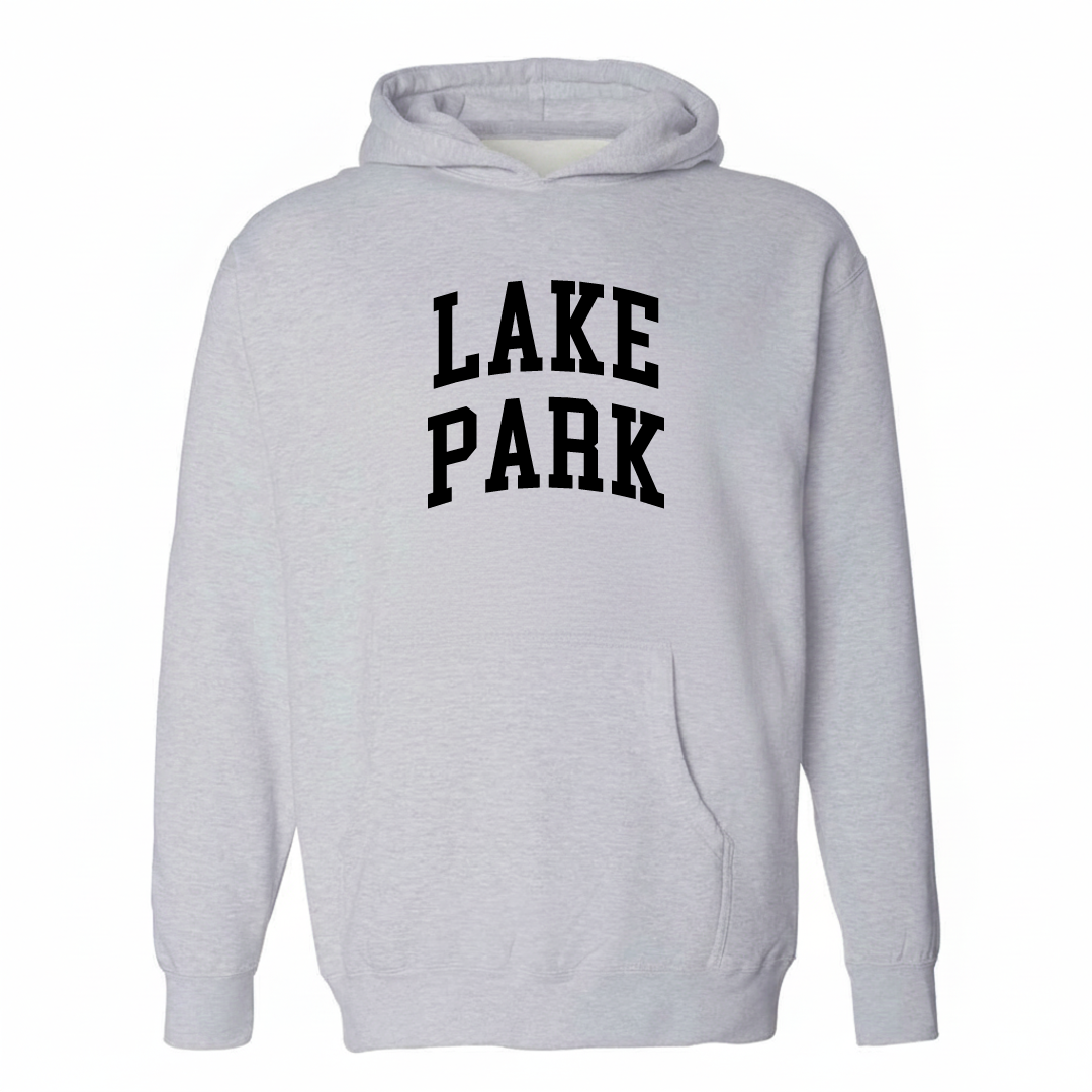 Heather-gray hoodie with the Lake Park varsity arched lettering design on the chest.