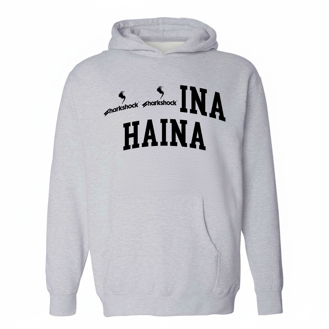 Heather-gray hoodie with the ʻĀina Haina varsity arched lettering design on the chest.