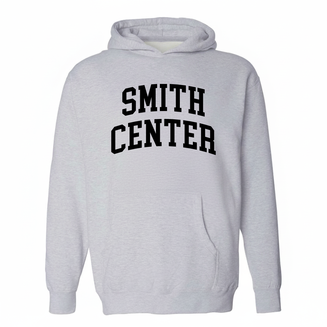 Heather-gray hoodie with the Smith Center varsity arched lettering design on the chest.
