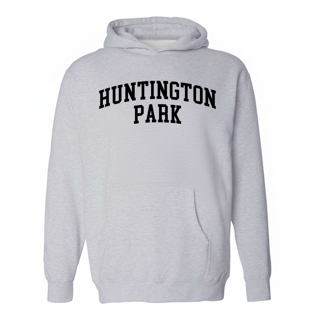 Heather-gray hoodie with the Huntington Park varsity arched lettering design on the chest.