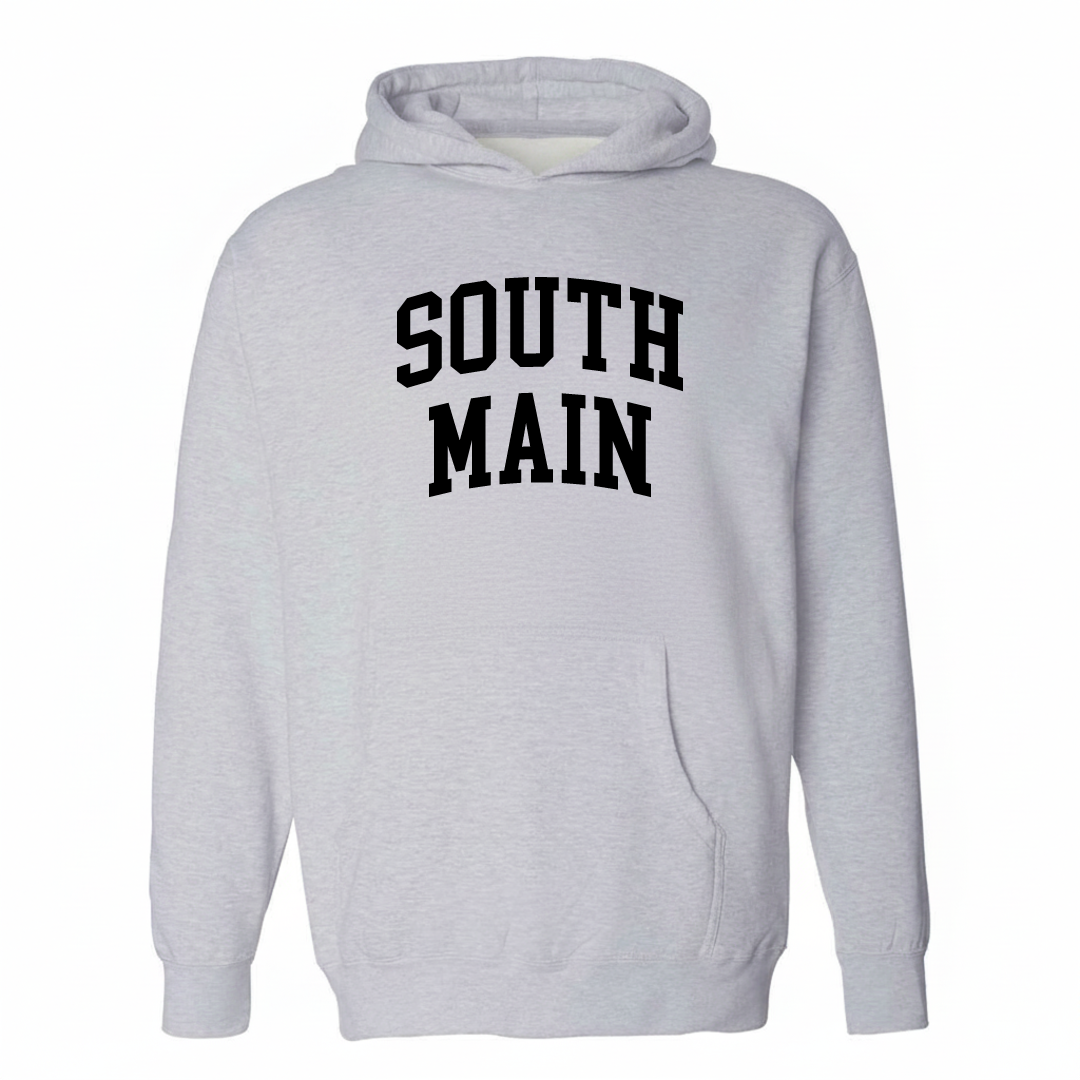 Heather-gray hoodie with the South Main varsity arched lettering design on the chest.
