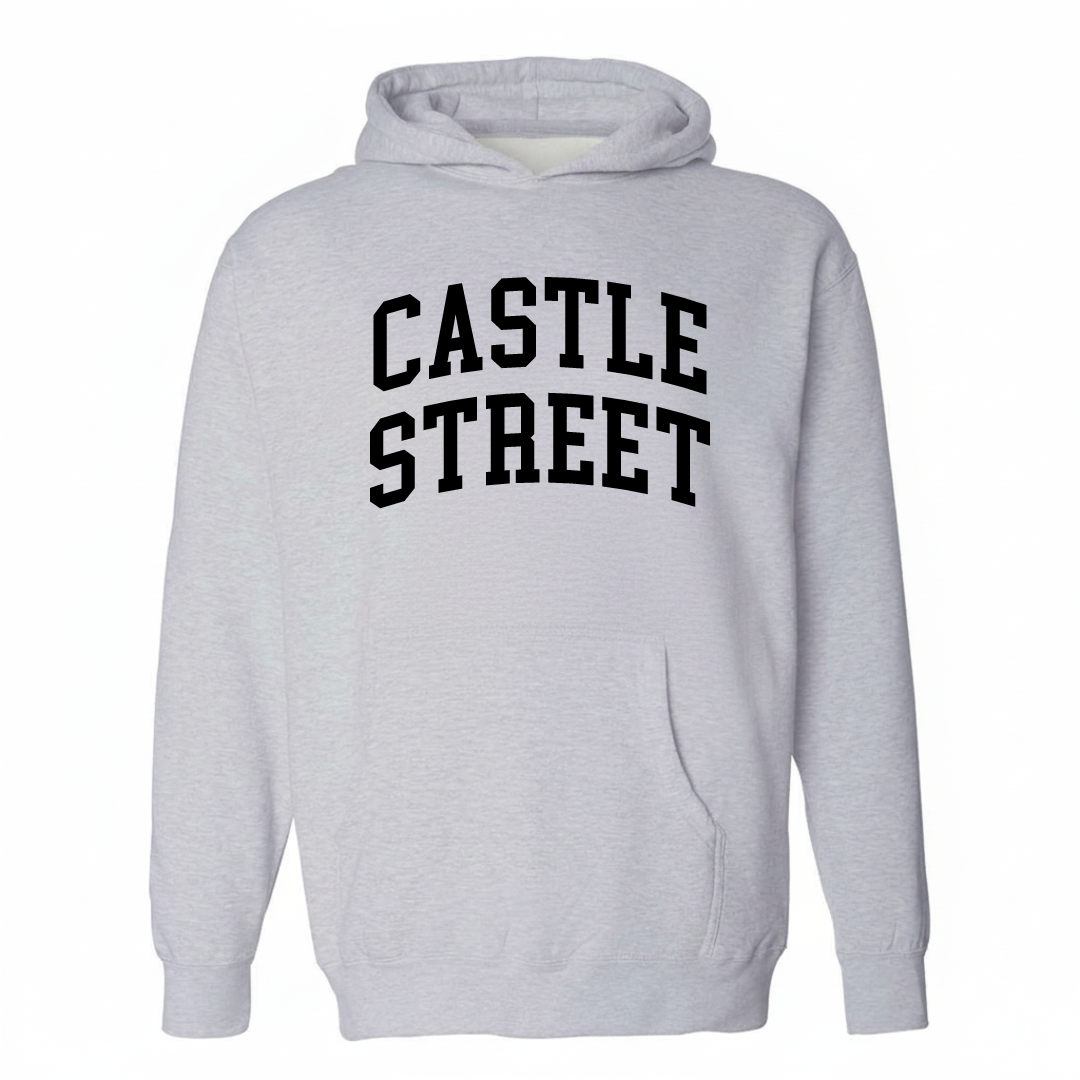Heather-gray hoodie with the Castle Street arched lettering varsity-collegiate design on the chest.