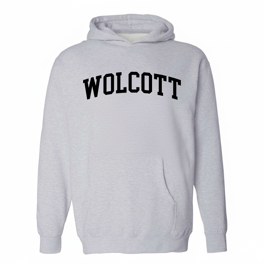 Heather-gray hoodie with the Wolcott varsity arched lettering design on the chest.