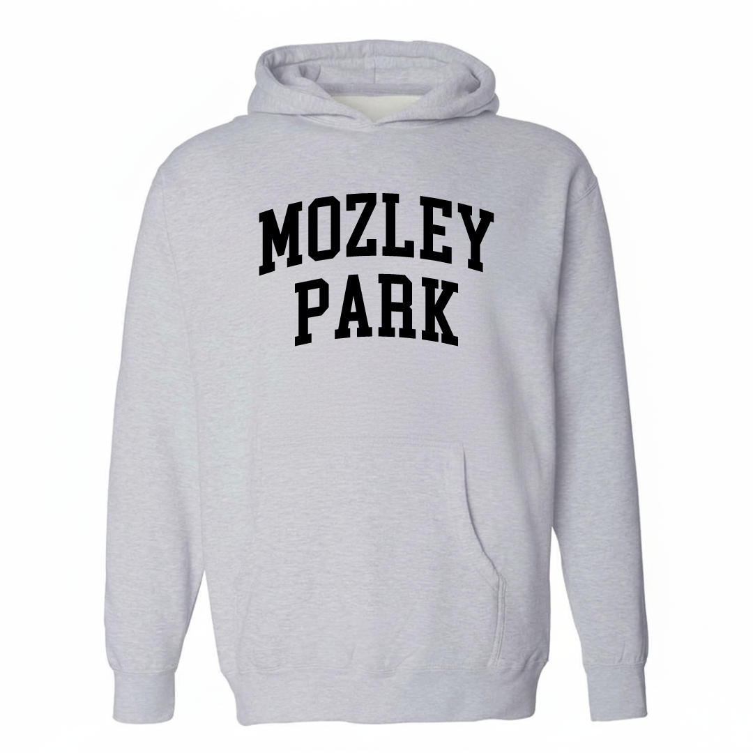 Heather-gray hoodie with the Mozley Park varsity arched lettering design on the chest.