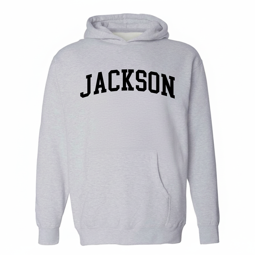 Heather-gray hoodie with the Jackson NC varsity arched lettering design on the chest.