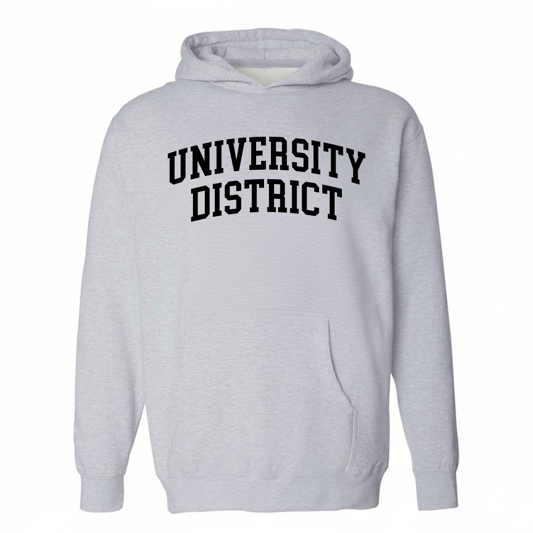 Heather-gray hoodie with the University District Memphis arched varsity lettering design on the chest.
