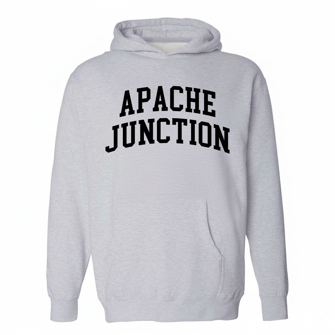 Heather-gray hoodie with the Apache Junction varsity arched lettering design on the chest.