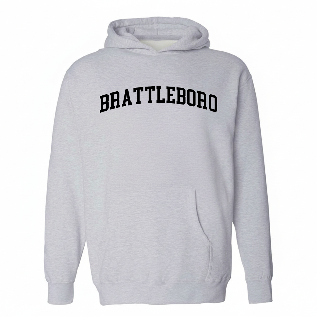 Heather-gray hoodie with the Brattleboro arched lettering varsity-collegiate design on the chest.