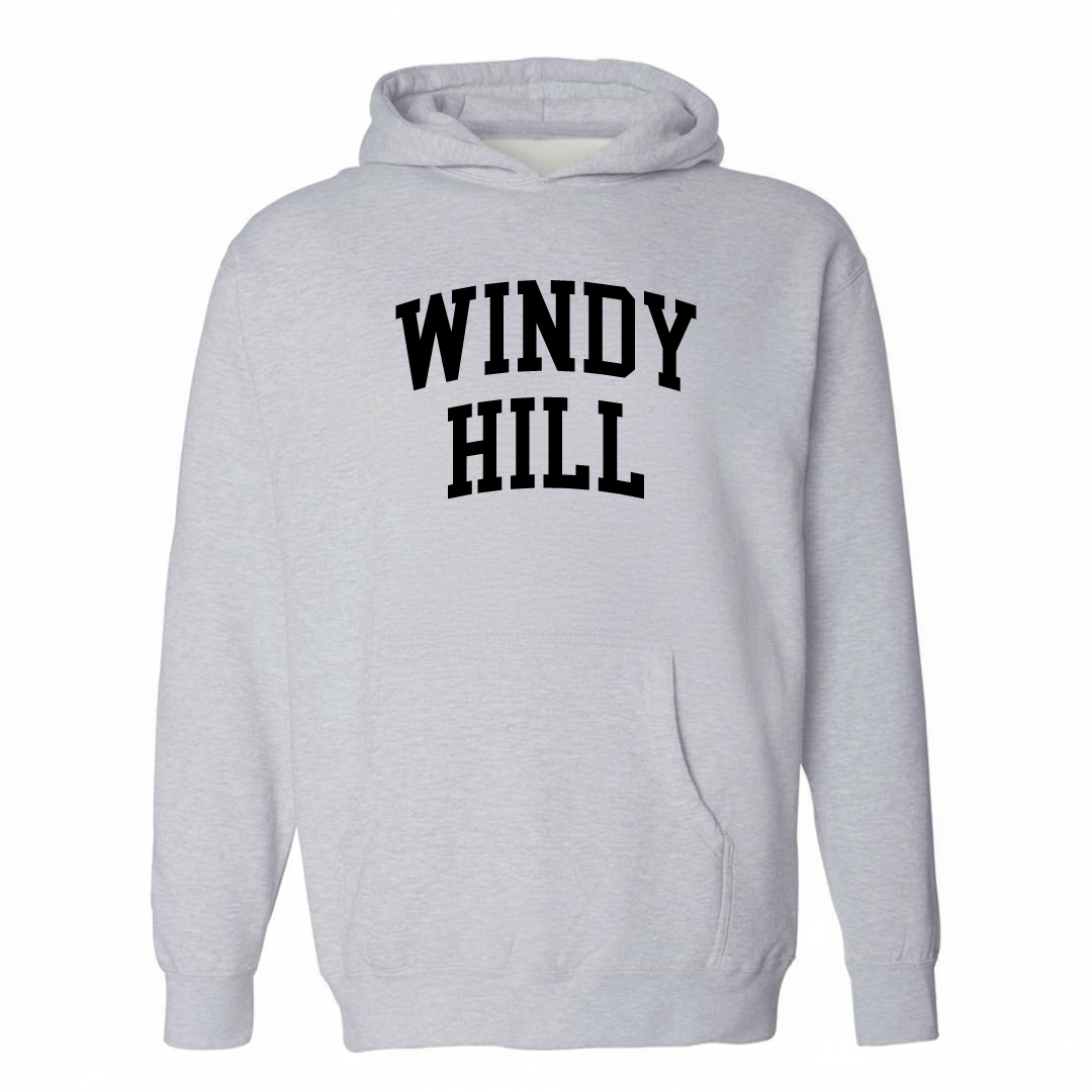 Heather-gray hoodie with the Windy Hill varsity arched lettering design on the chest.