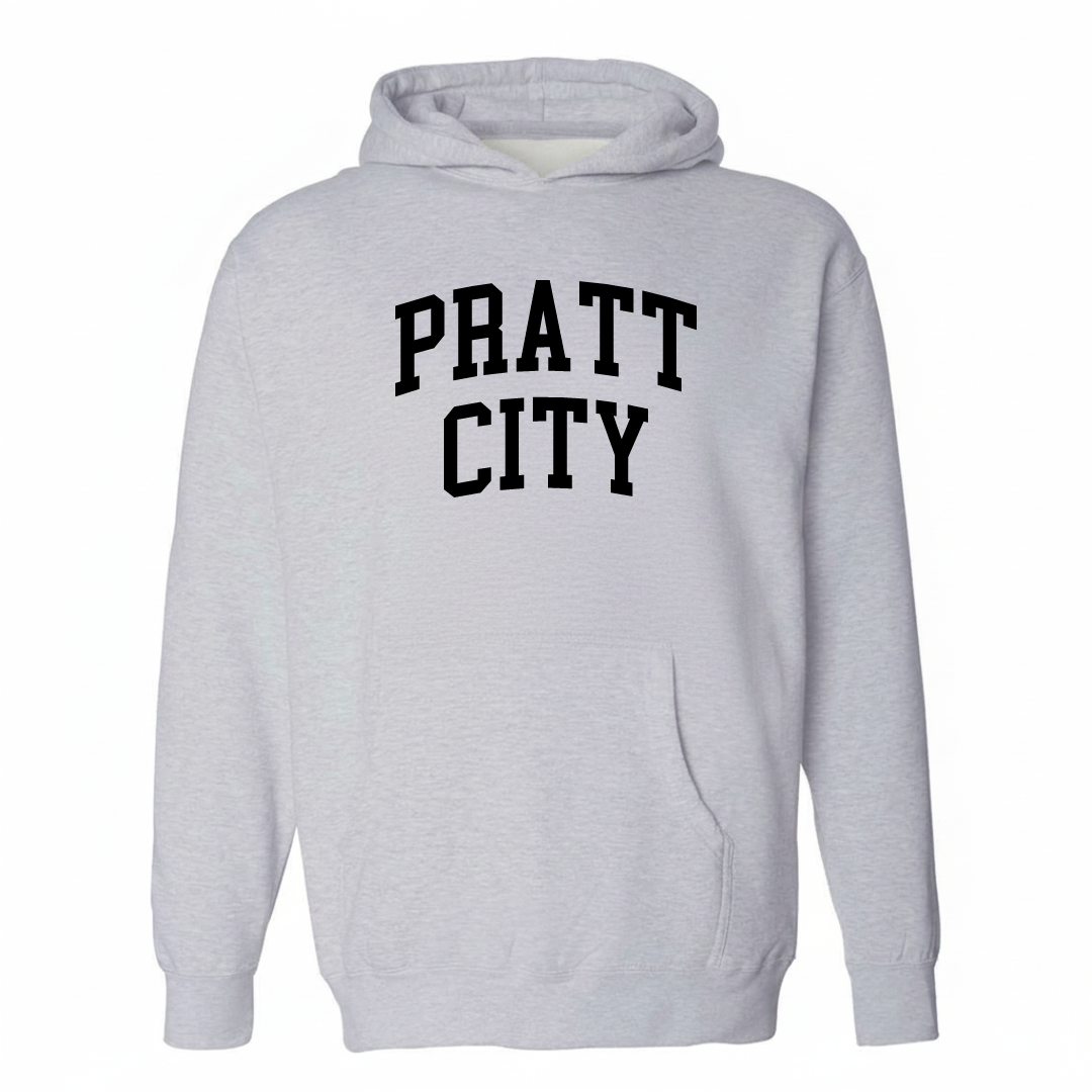 Heather-gray hoodie with the Pratt City varsity arched lettering design on the chest.