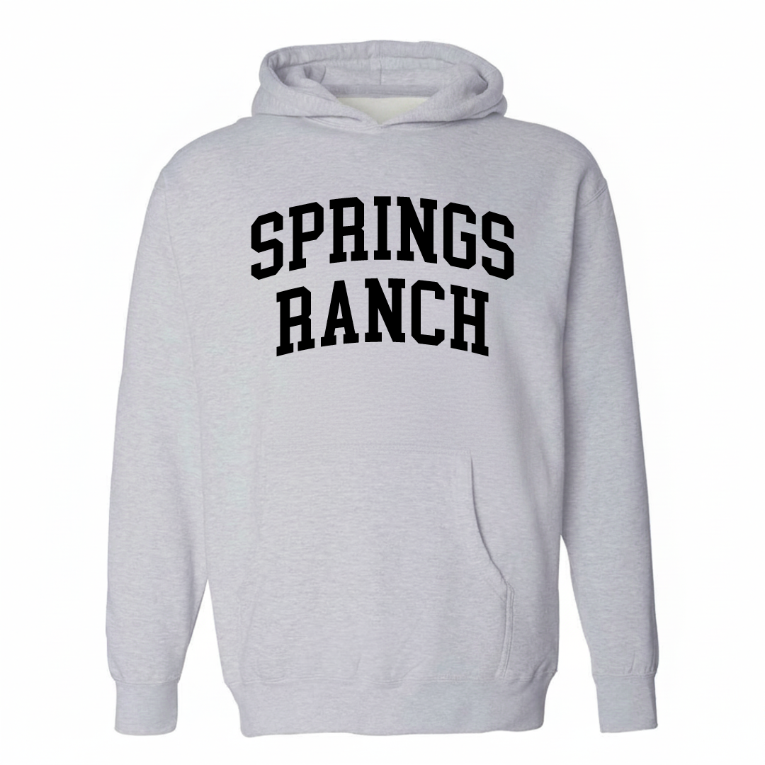 Heather-gray hoodie with the Springs Ranch varsity arched lettering design on the chest.