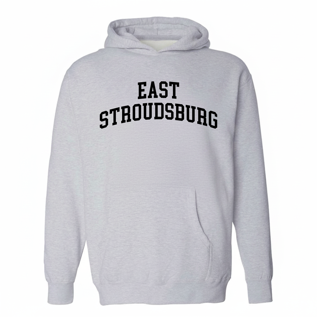 Heather-gray hoodie with the East Stroudsburg varsity arched lettering design on the chest.