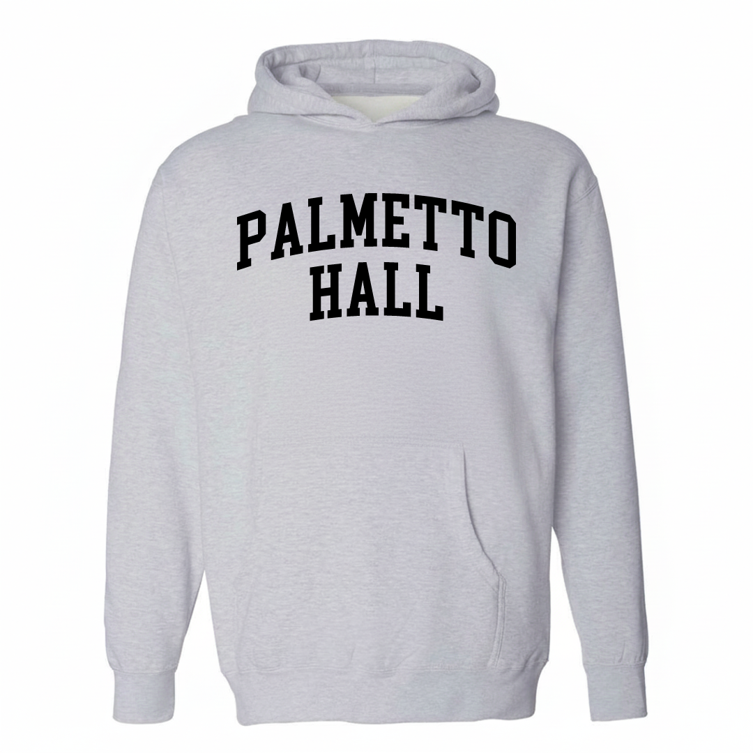 Heather-gray hoodie with the Palmetto Hall varsity arched lettering design on the chest.