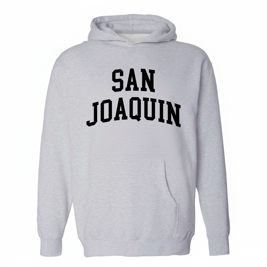 Heather-gray hoodie with the San Joaquin varsity arched lettering design on the chest.