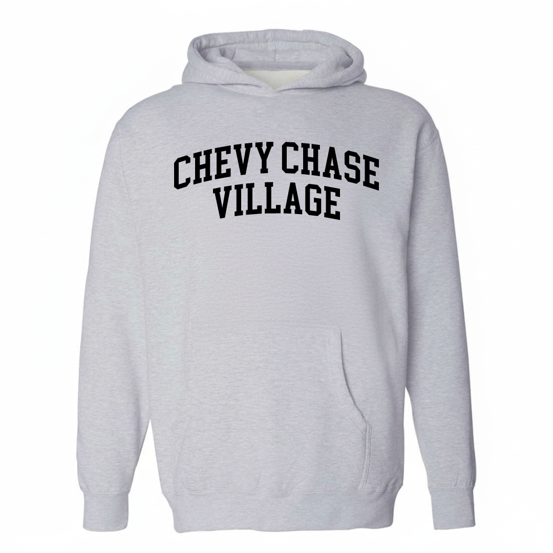 Heather-gray hoodie with the Chevy Chase Village varsity arched lettering design on the chest.