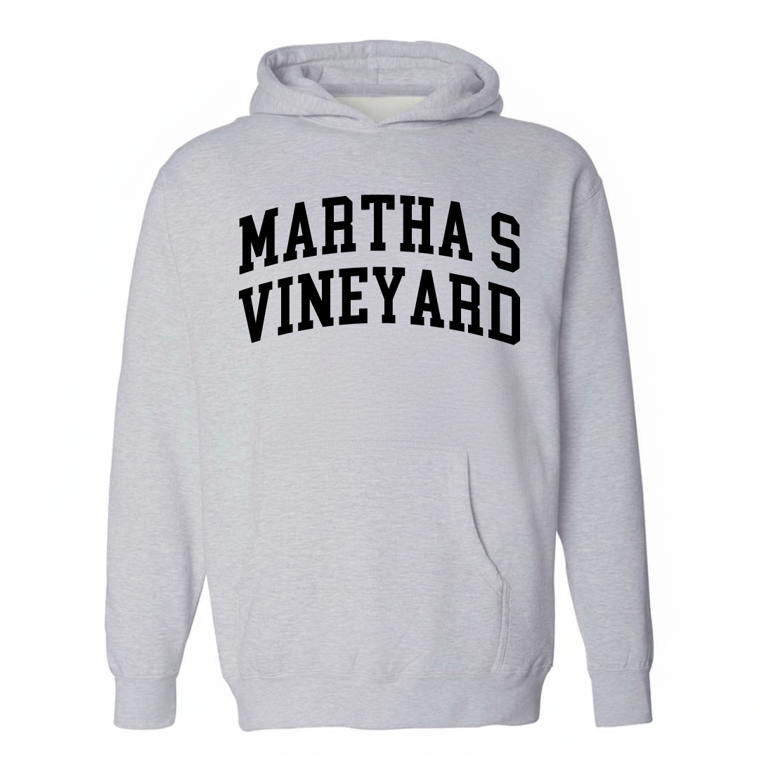 Heather-gray hoodie with the Martha's Vineyard varsity arched lettering design on the chest.