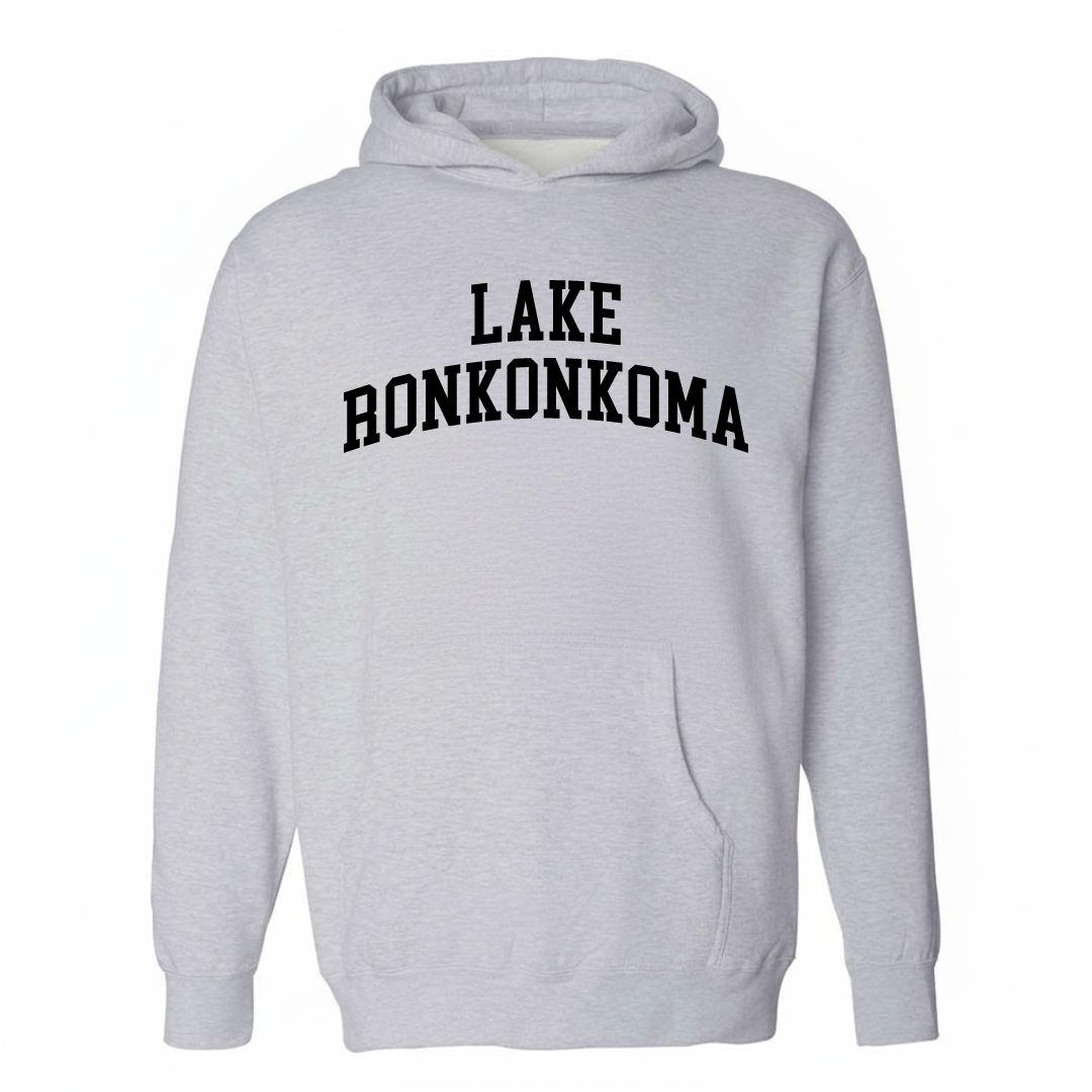 Heather-gray hoodie with the Lake Ronkonkoma varsity arched lettering design on the chest.