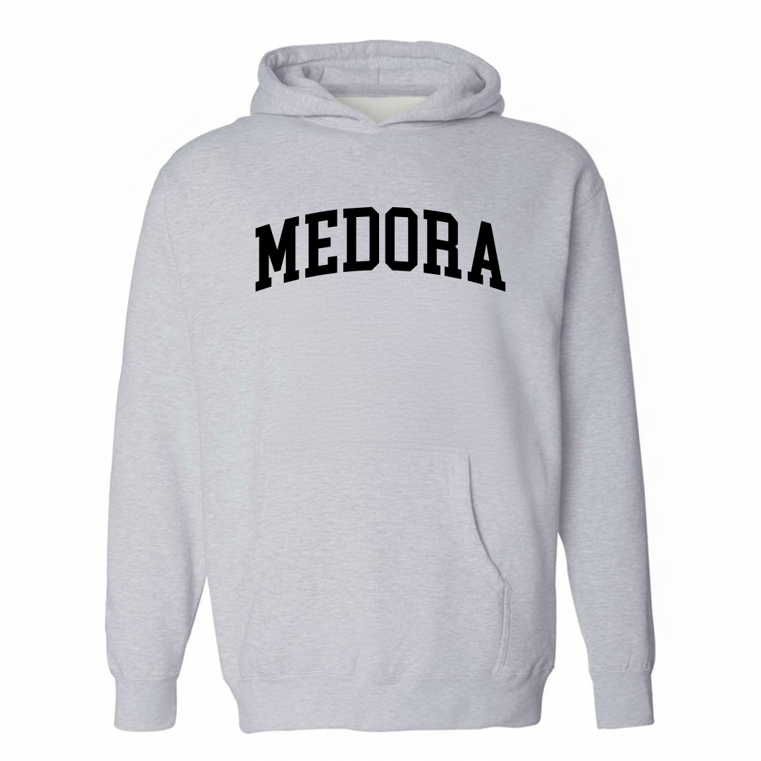 Heather-gray hoodie with the Medora varsity arched lettering design on the chest.