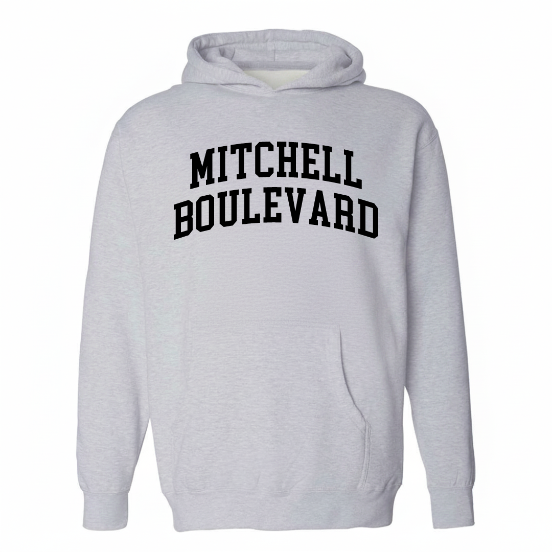 Heather-gray hoodie with the Mitchell Boulevard arched varsity lettering design on the chest.