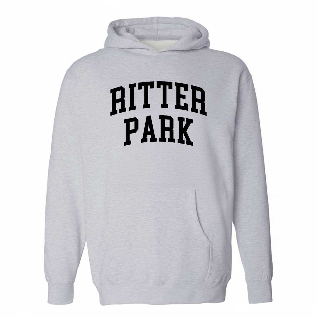 Heather-gray hoodie with the Ritter Park arched lettering varsity-collegiate design on the chest.