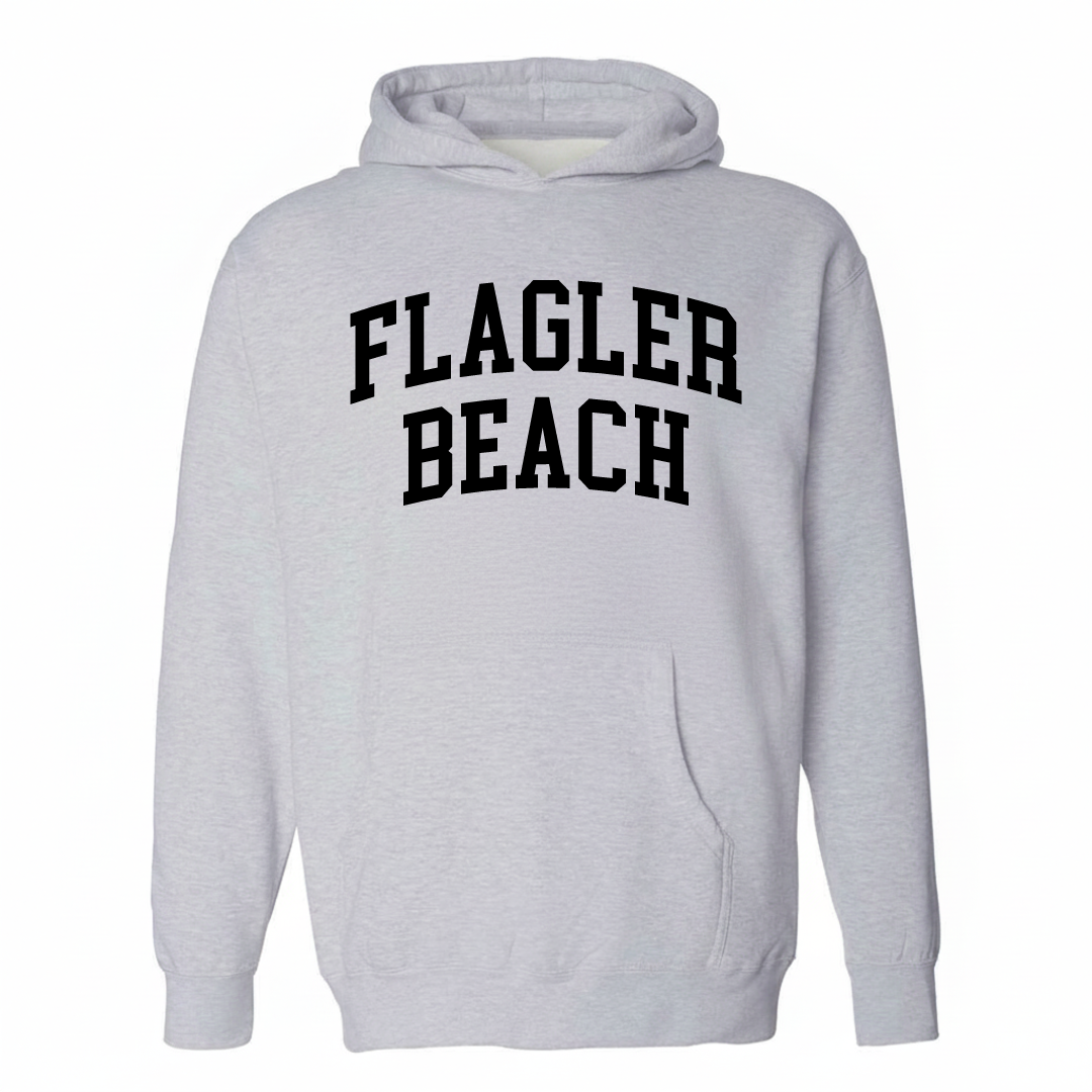 Heather-gray hoodie with the Flagler Beach varsity arched lettering design on the chest.