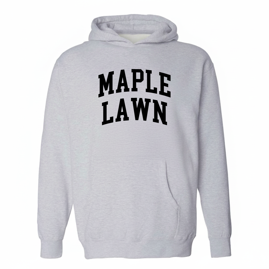 Heather-gray hoodie with the Maple Lawn varsity arched lettering design on the chest.