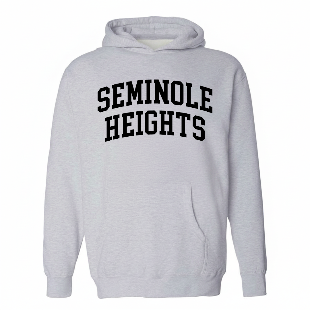 Heather-gray hoodie with the Seminole Heights varsity arched lettering design on the chest.