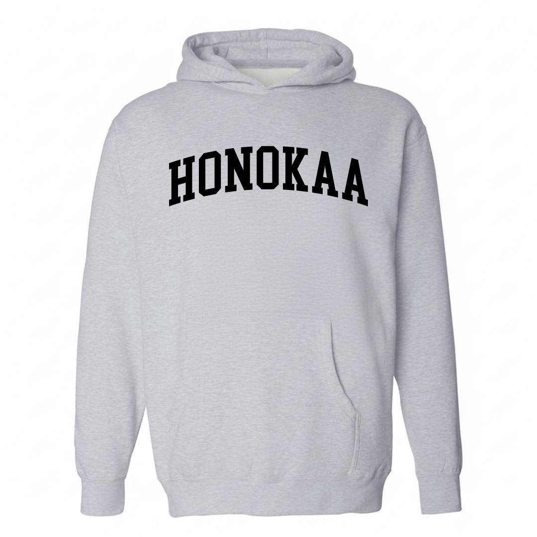 Heather-gray hoodie with the Honokaʻa varsity arched lettering design on the chest.