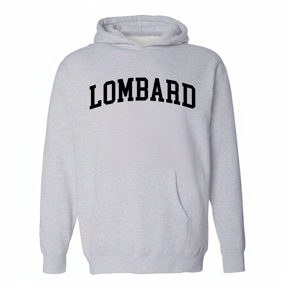 Heather-gray hoodie with the Lombard arched lettering varsity design on the chest.