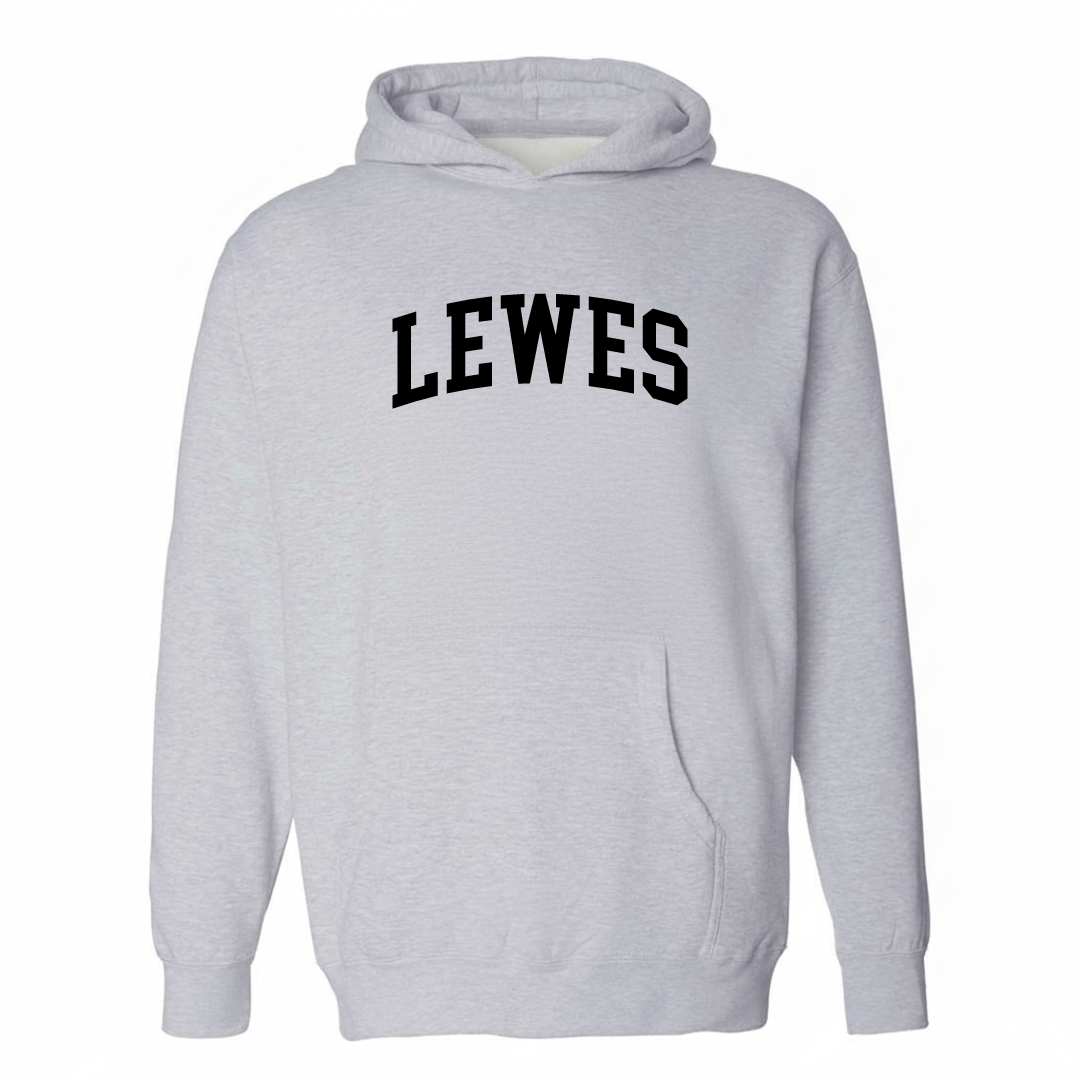 Heather-gray hoodie with the Lewes varsity arched lettering design on the chest.