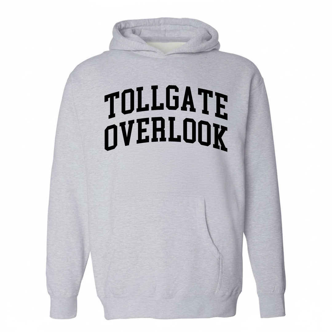 Heather-gray hoodie with the Tollgate Overlook varsity arched lettering design on the chest.