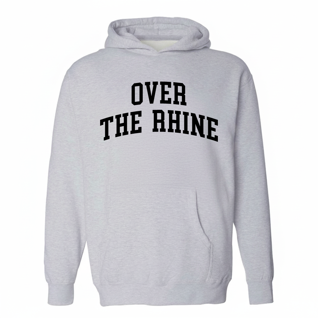 Heather-gray hoodie with the Over-the-Rhine varsity arched lettering design on the chest.