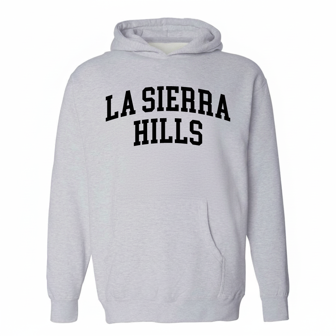 Heather-gray hoodie with the La Sierra Hills arched lettering varsity-collegiate design on the chest.