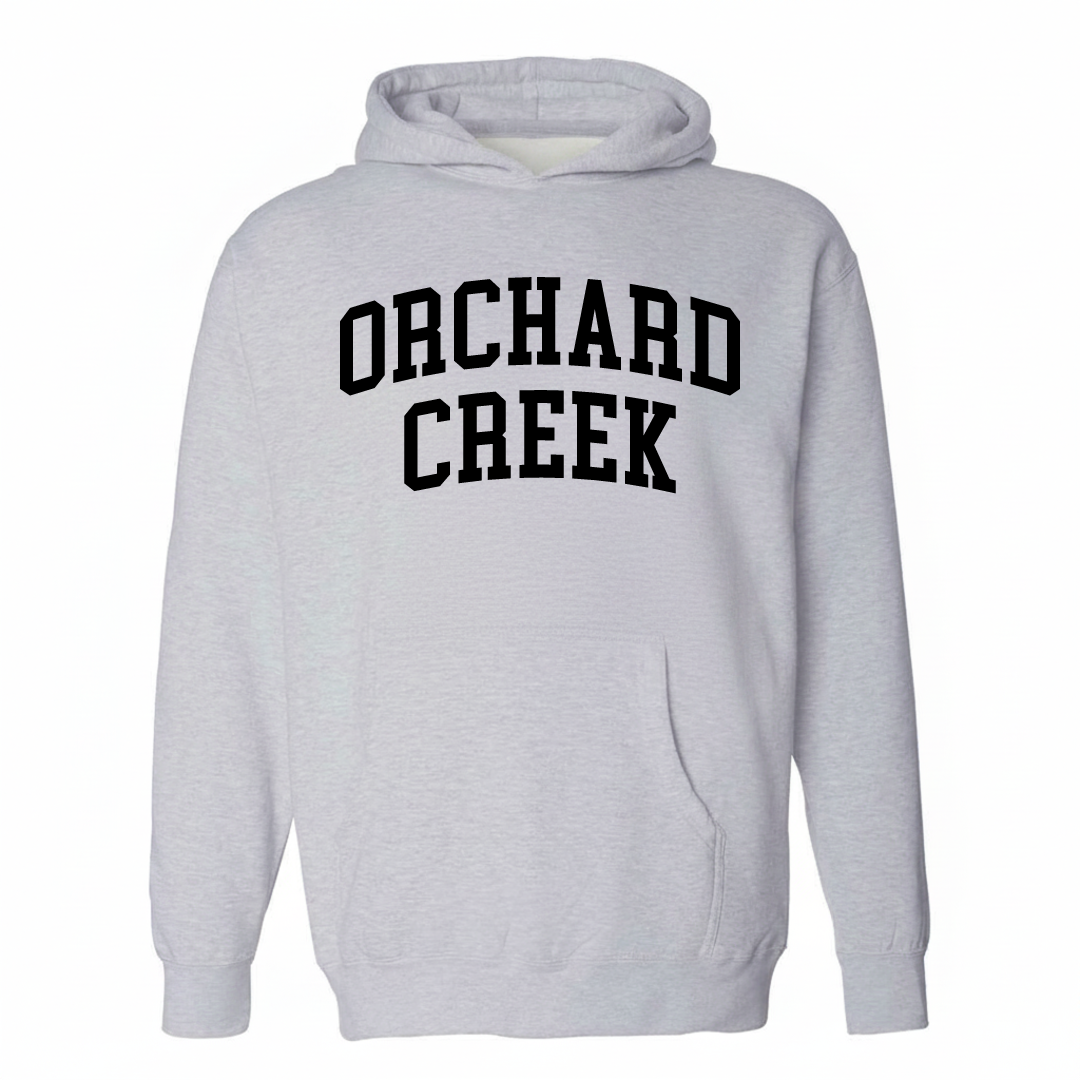Heather-gray hoodie with the Orchard Creek arched lettering design on the chest.