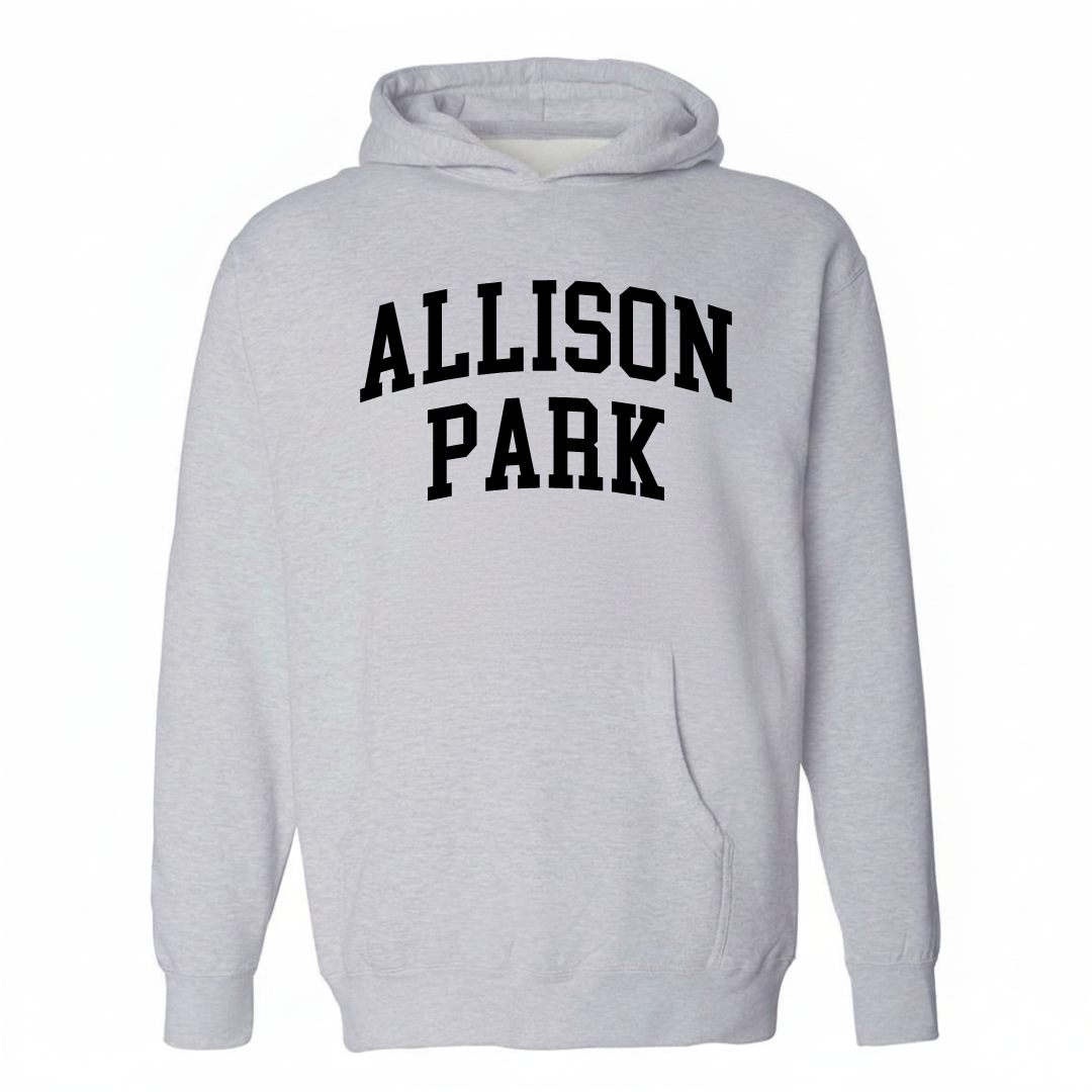 Heather-gray hoodie with the Allison Park varsity arched lettering design on the chest.