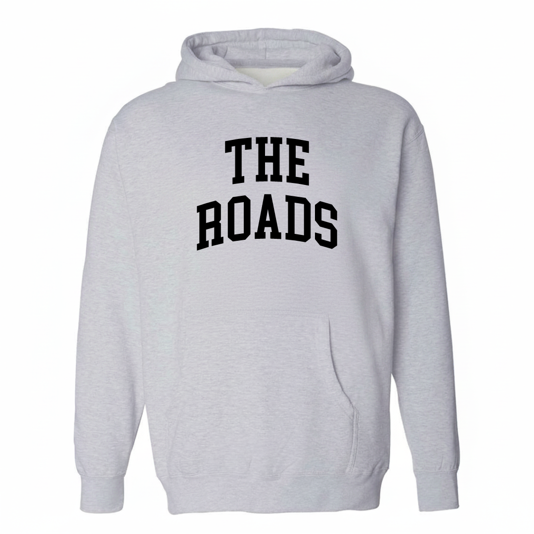 Heather-gray hoodie with The Roads Miami arched lettering design on the chest.