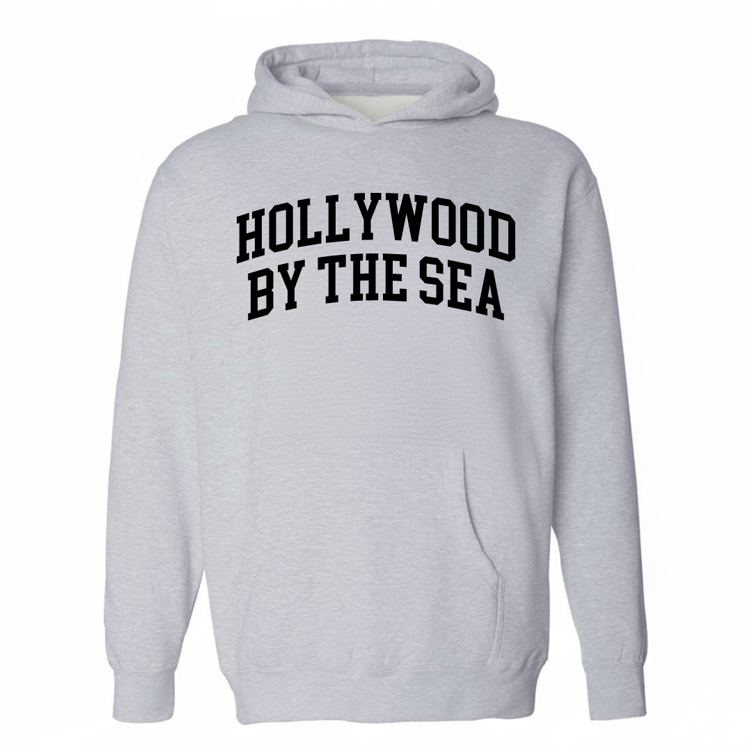 Heather-gray hoodie with the Hollywood by the Sea varsity arched lettering design on the chest.