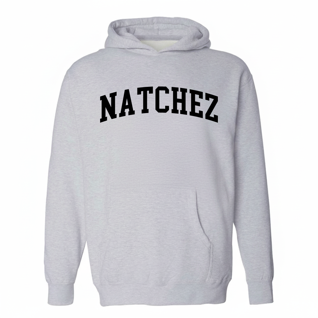 Heather-gray hoodie with the Natchez varsity arched lettering design on the chest.