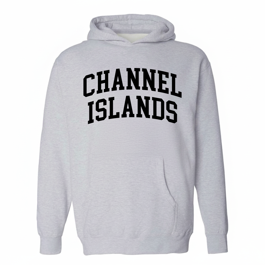 Heather-gray hoodie with the Channel Islands varsity arched lettering design on the chest.