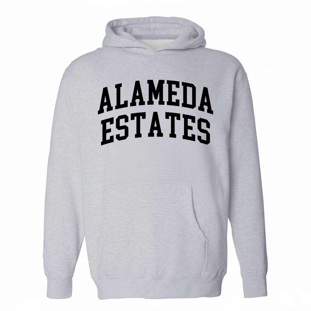 Heather-gray hoodie with the Alameda Estates varsity arched lettering design on the chest.