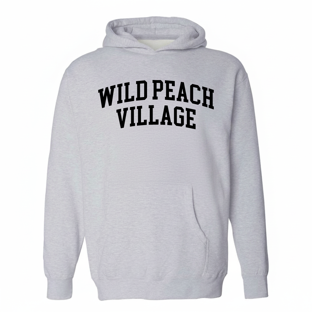 Heather-gray hoodie with the Wild Peach Village varsity arched lettering design on the chest.