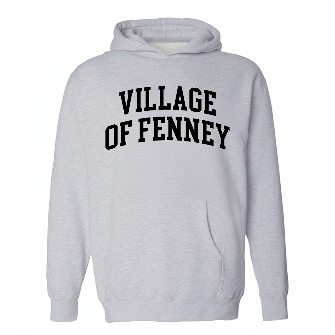 Heather-gray hoodie with the Village of Fenney varsity arched lettering design on the chest.