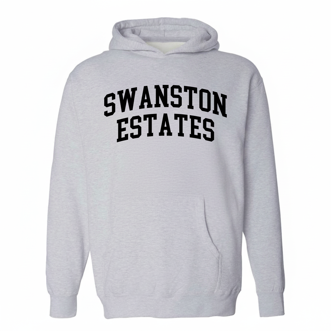 Heather-gray hoodie with the Swanston Estates arched lettering varsity-collegiate design on the chest.