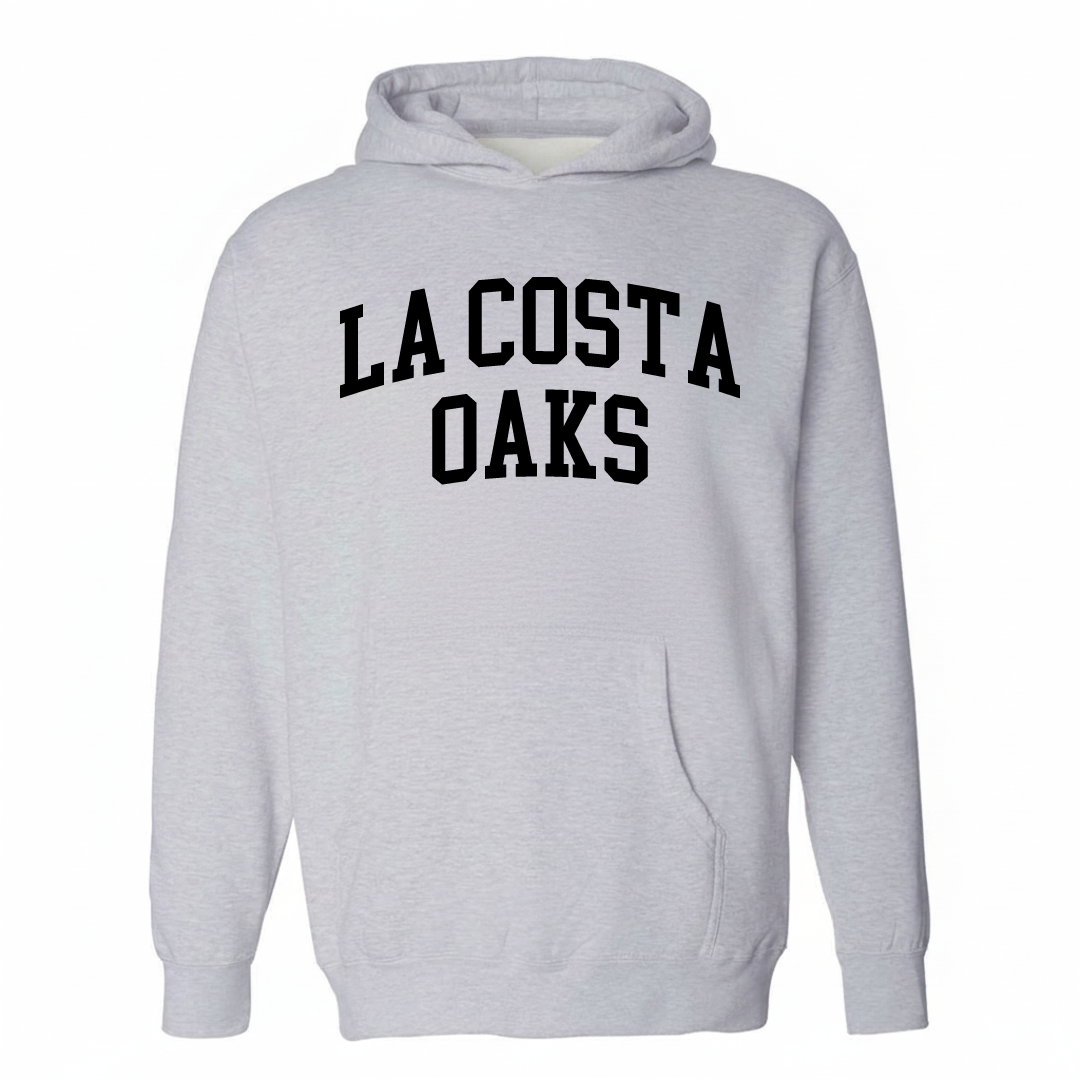 Heather-gray hoodie with the La Costa Oaks varsity arched lettering design on the chest.