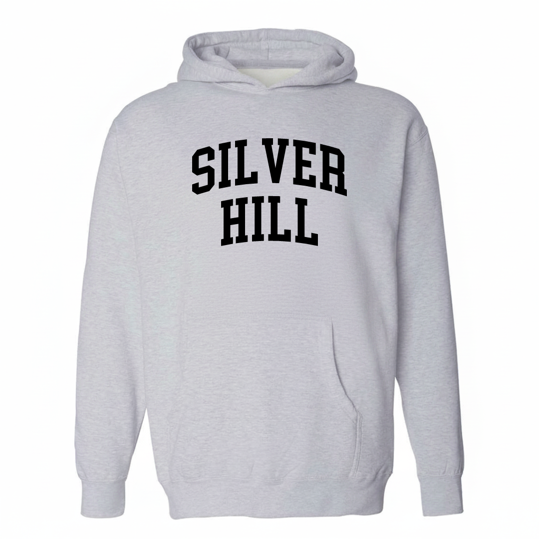 Heather-gray hoodie with the Silver Hill arched lettering varsity-collegiate design on the chest.