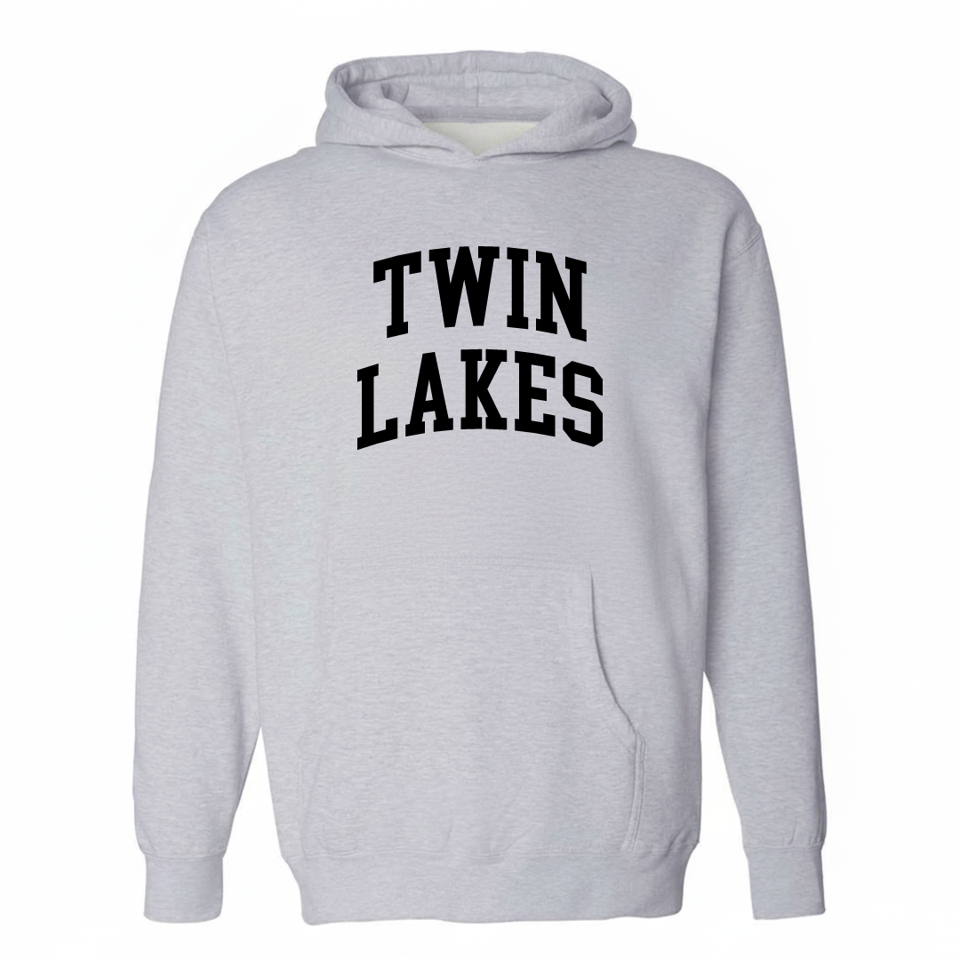 Heather-gray hoodie with the Twin Lakes arched varsity lettering design on the chest.