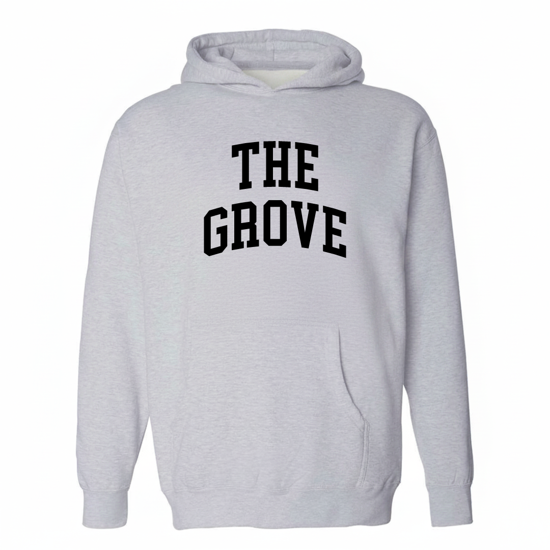 Heather-gray hoodie with The Grove St. Louis varsity arched lettering design on the chest.