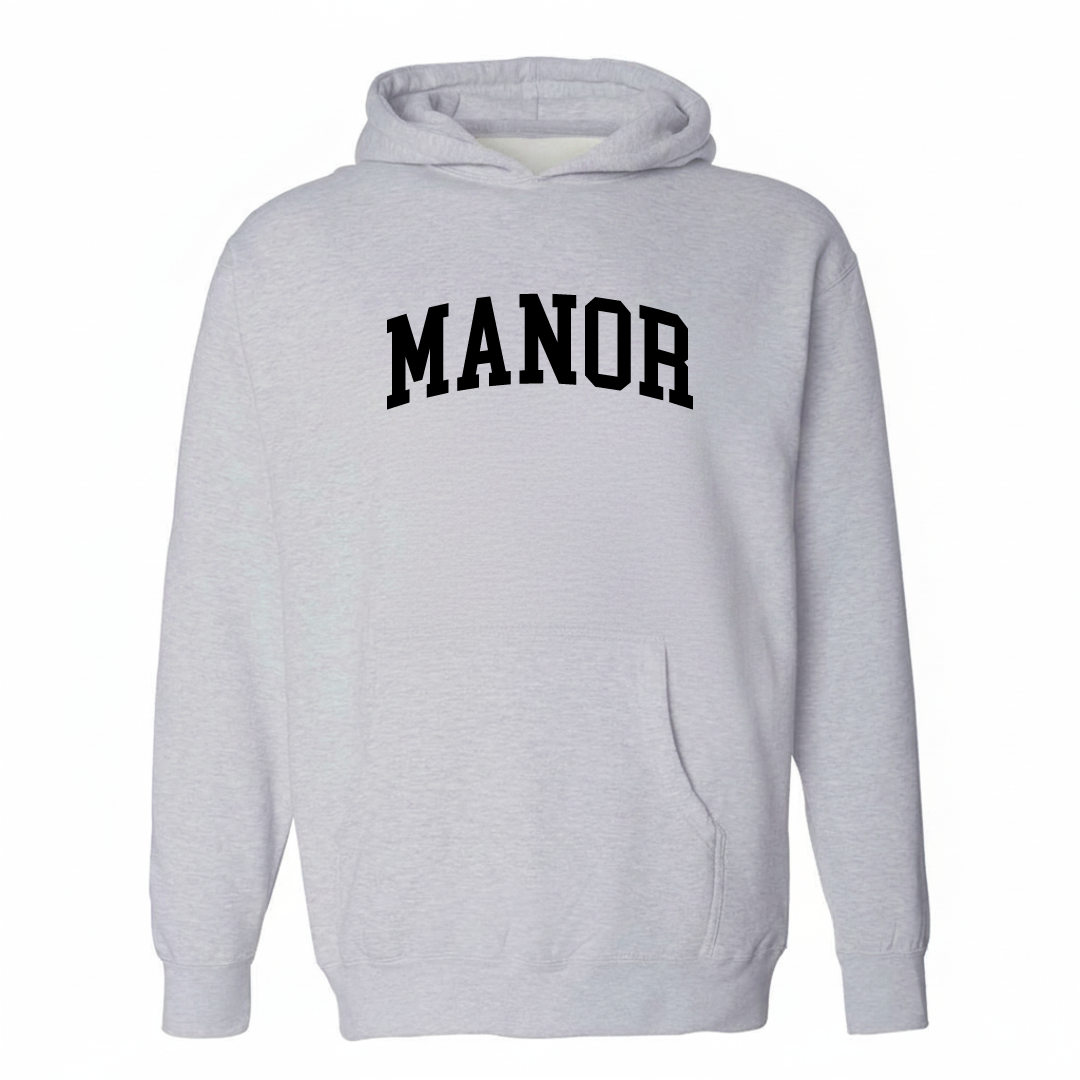 Heather-gray hoodie with the Manor arched varsity lettering design on the chest.